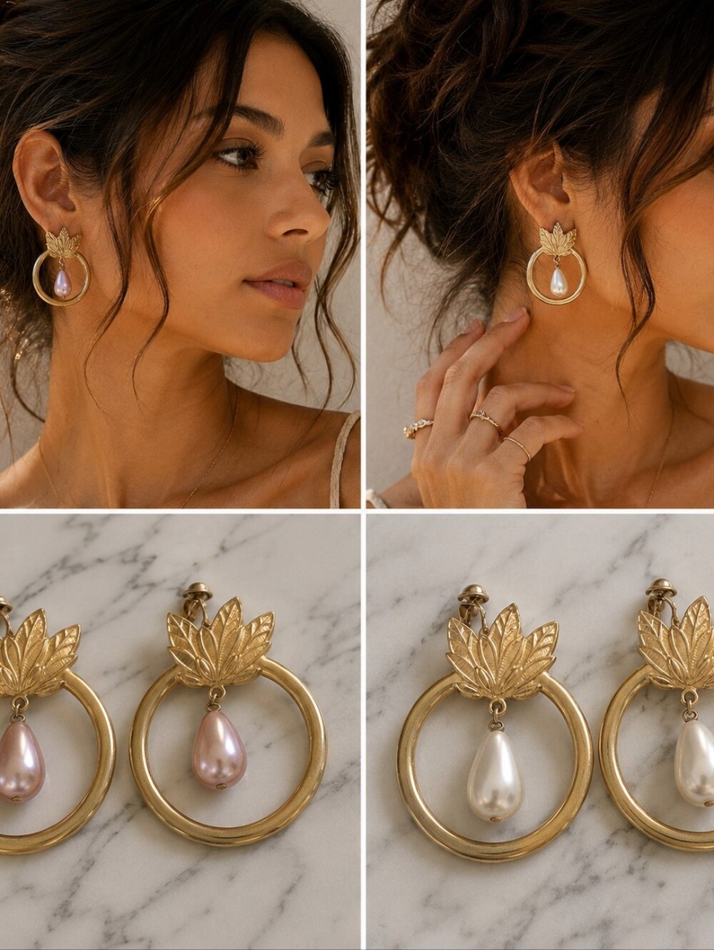 Gold Leaf Hoop Earrings 2 Pairs with Pink And Pearl Drops Special Occasion